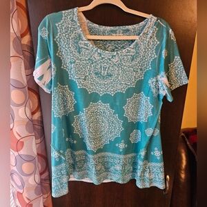 Kim Rogers Teal Mandala Short Sleeve Top